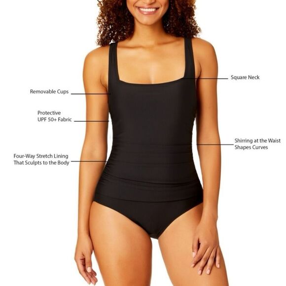 Anne Cole Women’s  Square Neck One Piece Swimsuit Medium Color Black - Picture 2 of 9